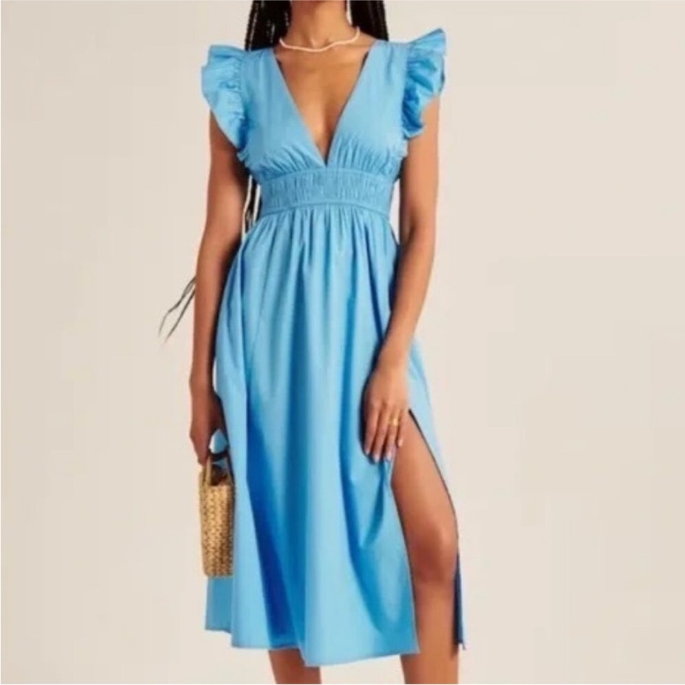 Abercrombie & Fitch Light Blue Ruffle Sleeve Midi Dress